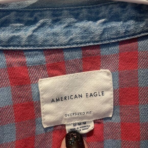 American Eagle flannel lined snap button denim top oversized fit SZ medium - Picture 4 of 10